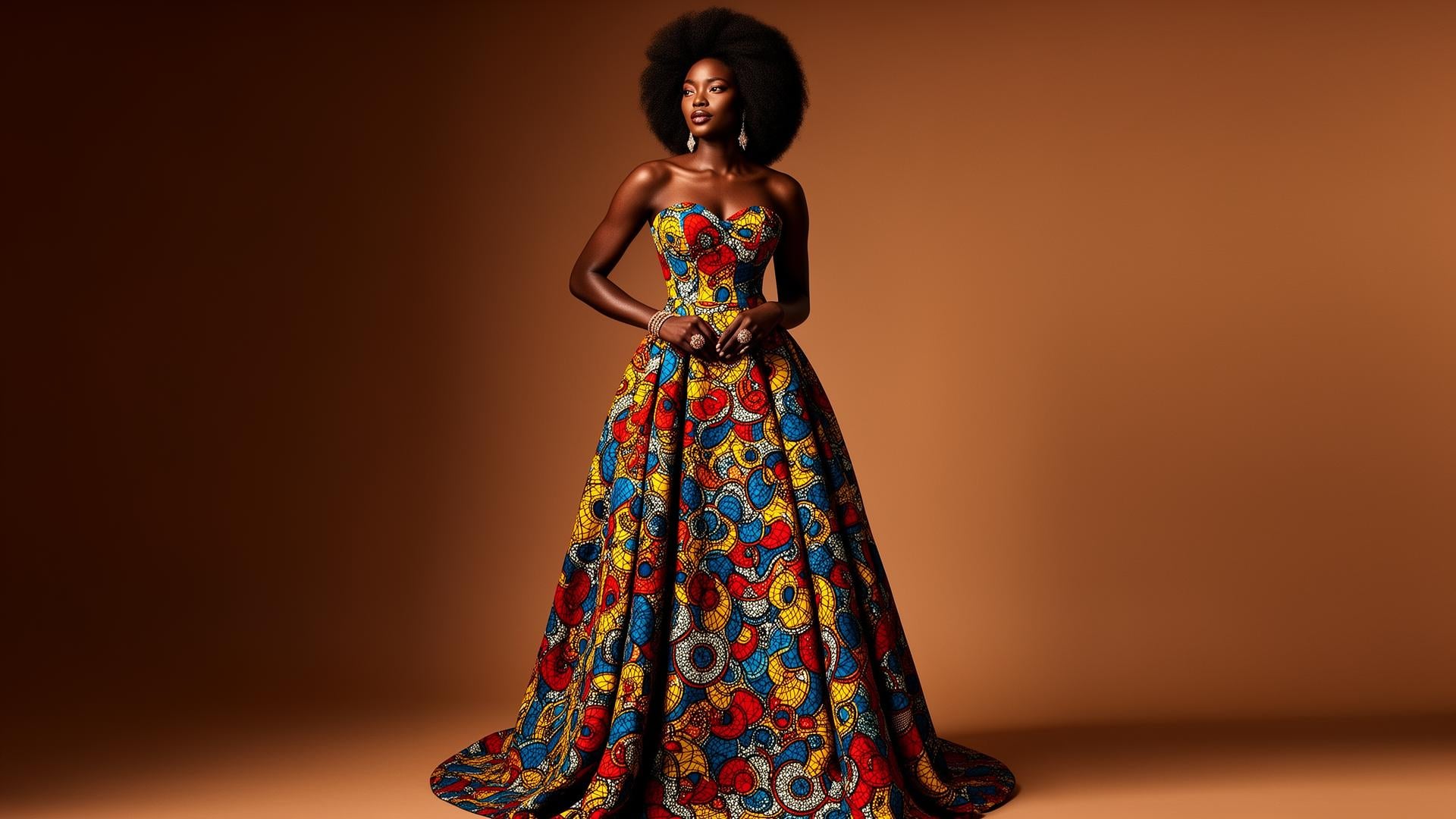 African woman in bold colorful Ankara ballgown